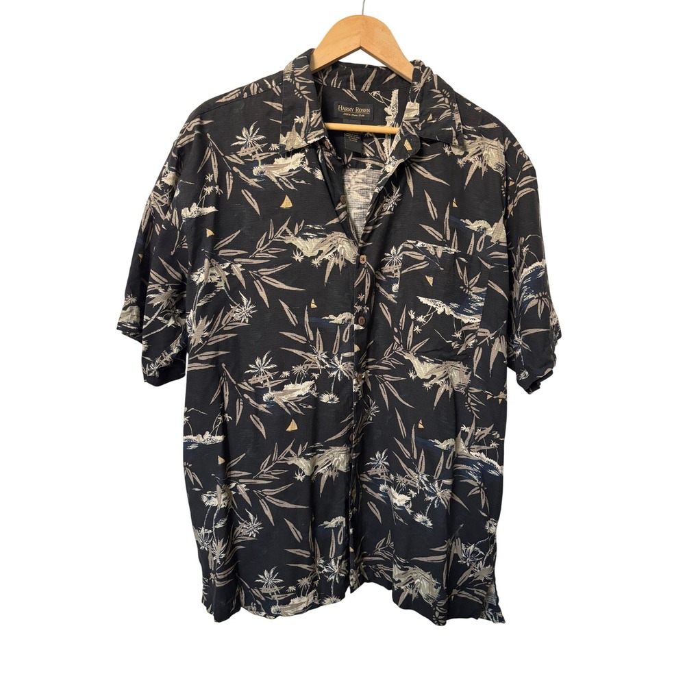 Harry‎ Rosen Mens Large 100% Silk Tropical Palm Tree Camp Shirt Black